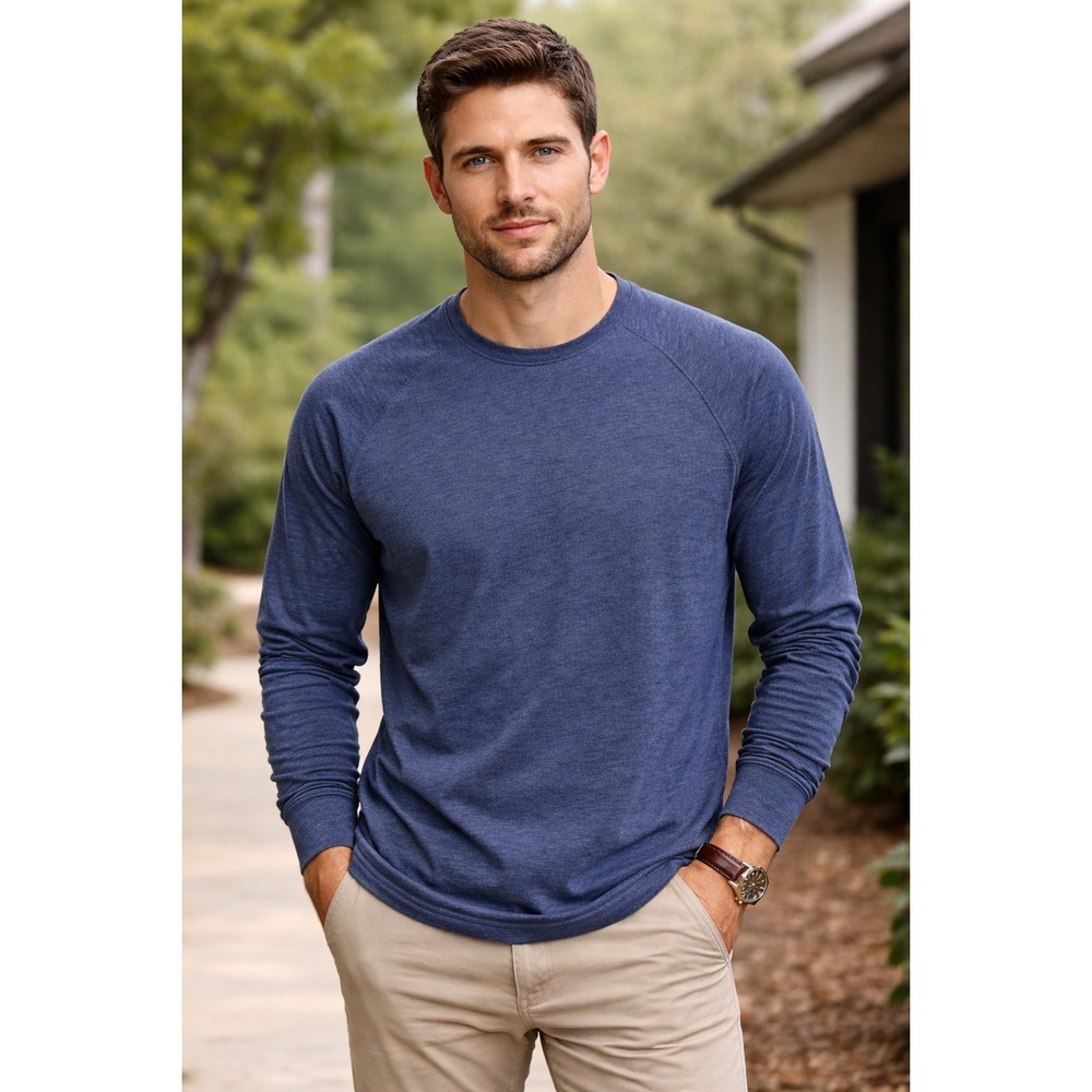 JEFF  Easyway Mens Raglan Long Sleeve Tee 100% Pima Cotton Blue Shirt Size L NEW